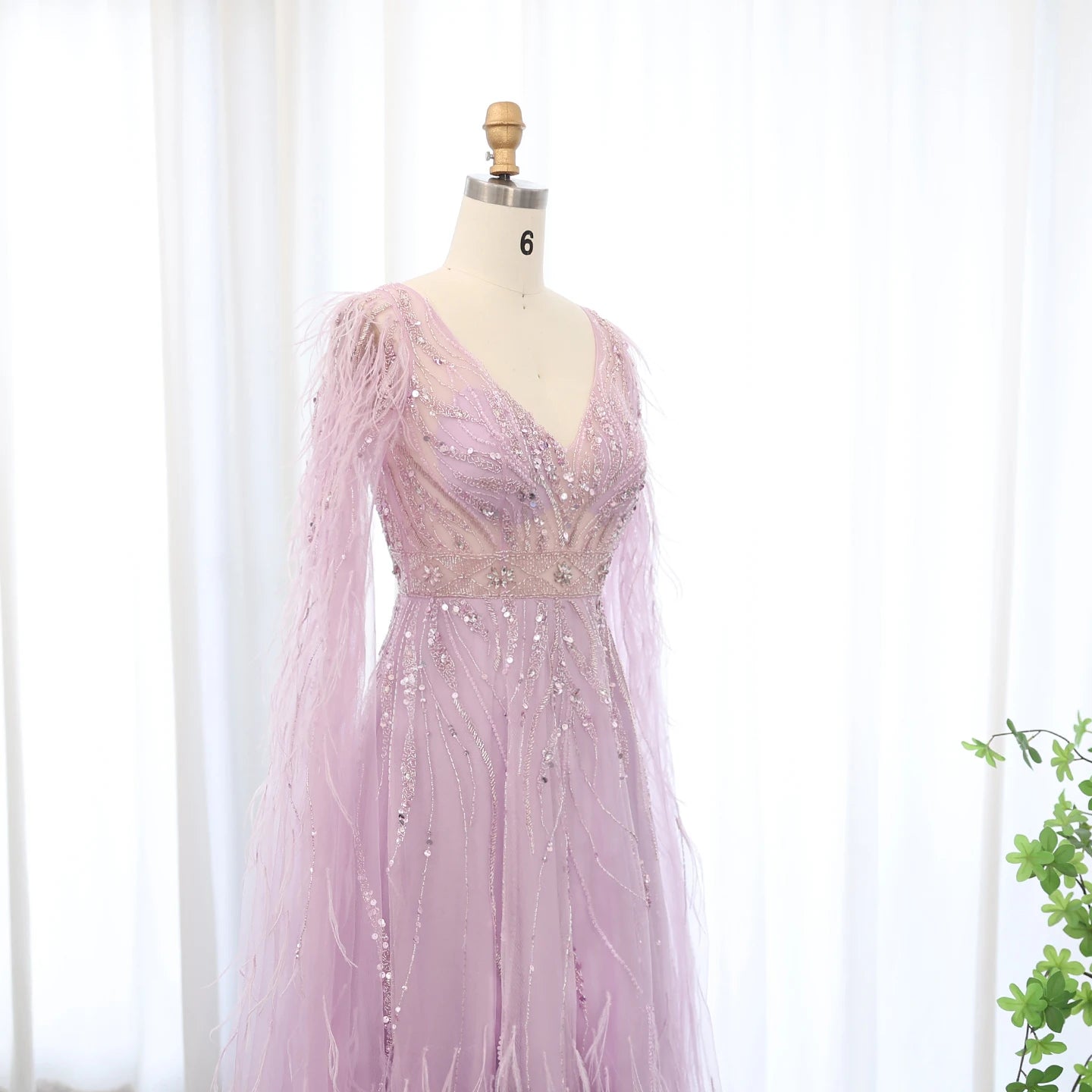 Luxury Feathers Nude A-line Evening Dresses with Cape Sleeves V-Neck Lilac Arabic Women Wedding Party Dress - Image 13