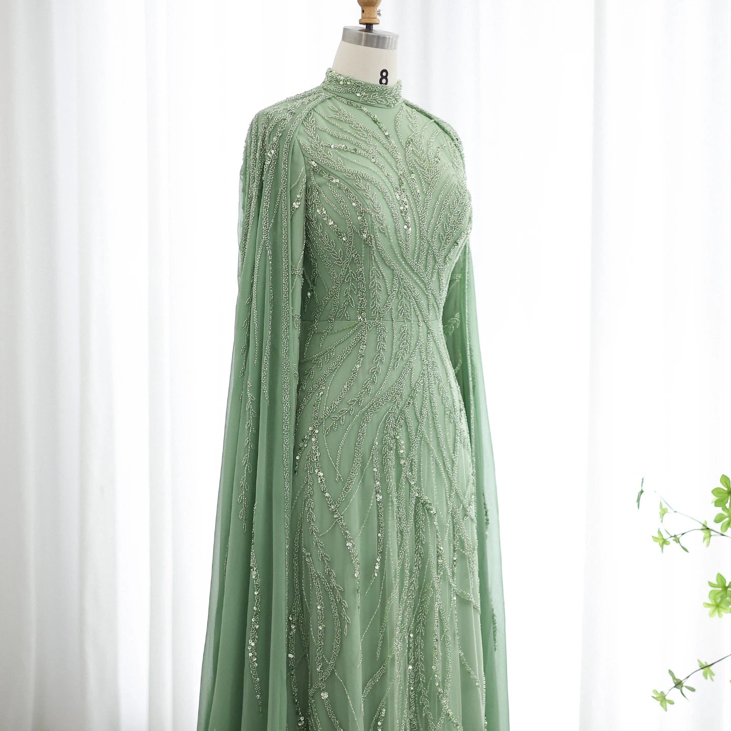 Beaded Sage Green Muslim Evening Dresses with Cape Long Sleeves Arabic Women Wedding Party Gown - Image 3