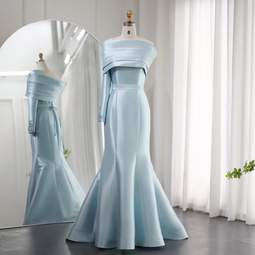 One Shoulder Mermaid Evening Dress with Cape Baby Blue Beaded Luxury Wedding Party Dress