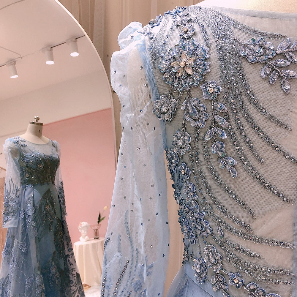 Blue Long Sleeve Overskirt Evening Dresses for Women Wedding Party Luxury Crystal Formal Dress - Image 10