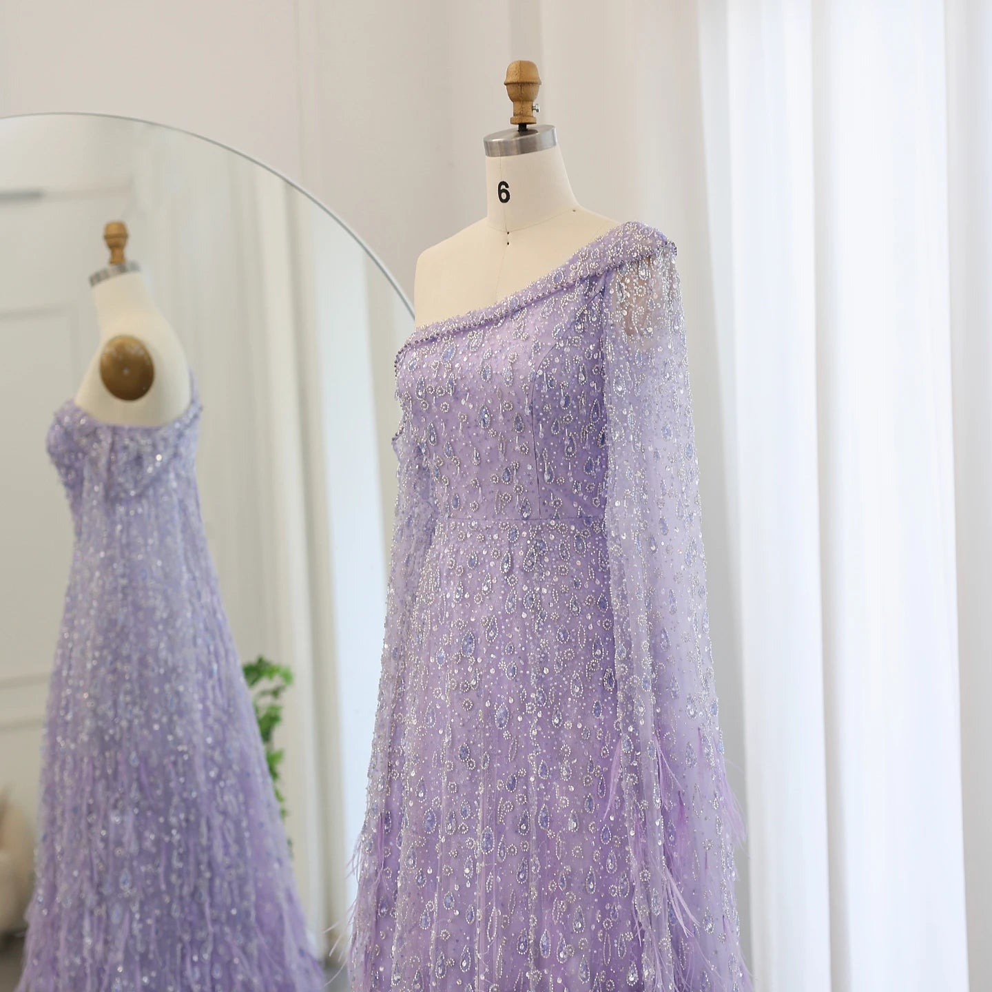 Luxury Feather One Shoulder Evening Dresses with Cape Sleeves Rose Gold Lilac Women Wedding Party Gowns - Image 21