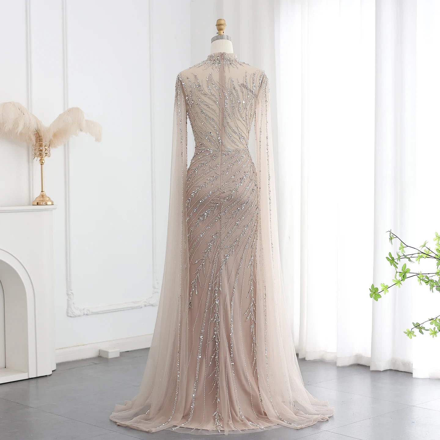 Black Nude Mermaid Evening Dress with Cape Sleeves High Neck Women Party Formal Gowns - Image 4
