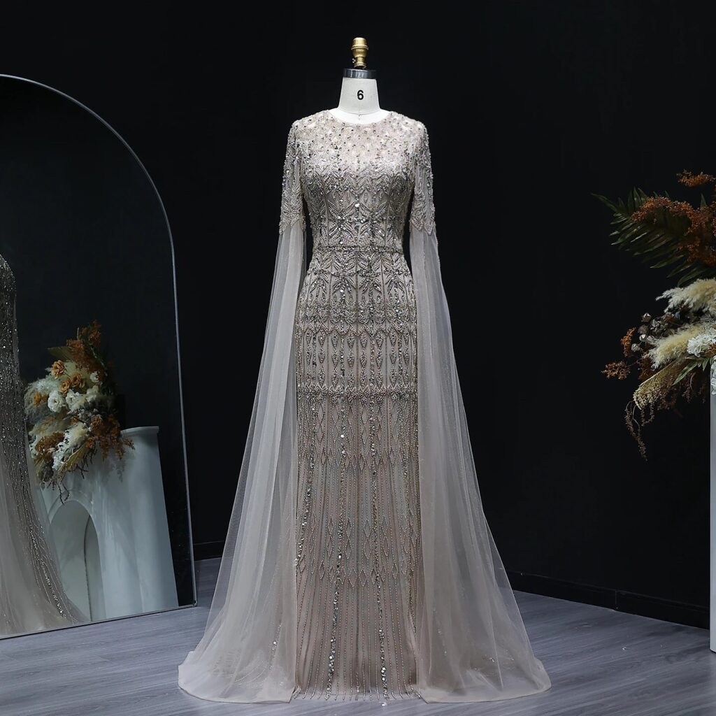 Luxury Caramel Mermaid Evening Dresses with Cape Sleeves Blue for Women Wedding Party