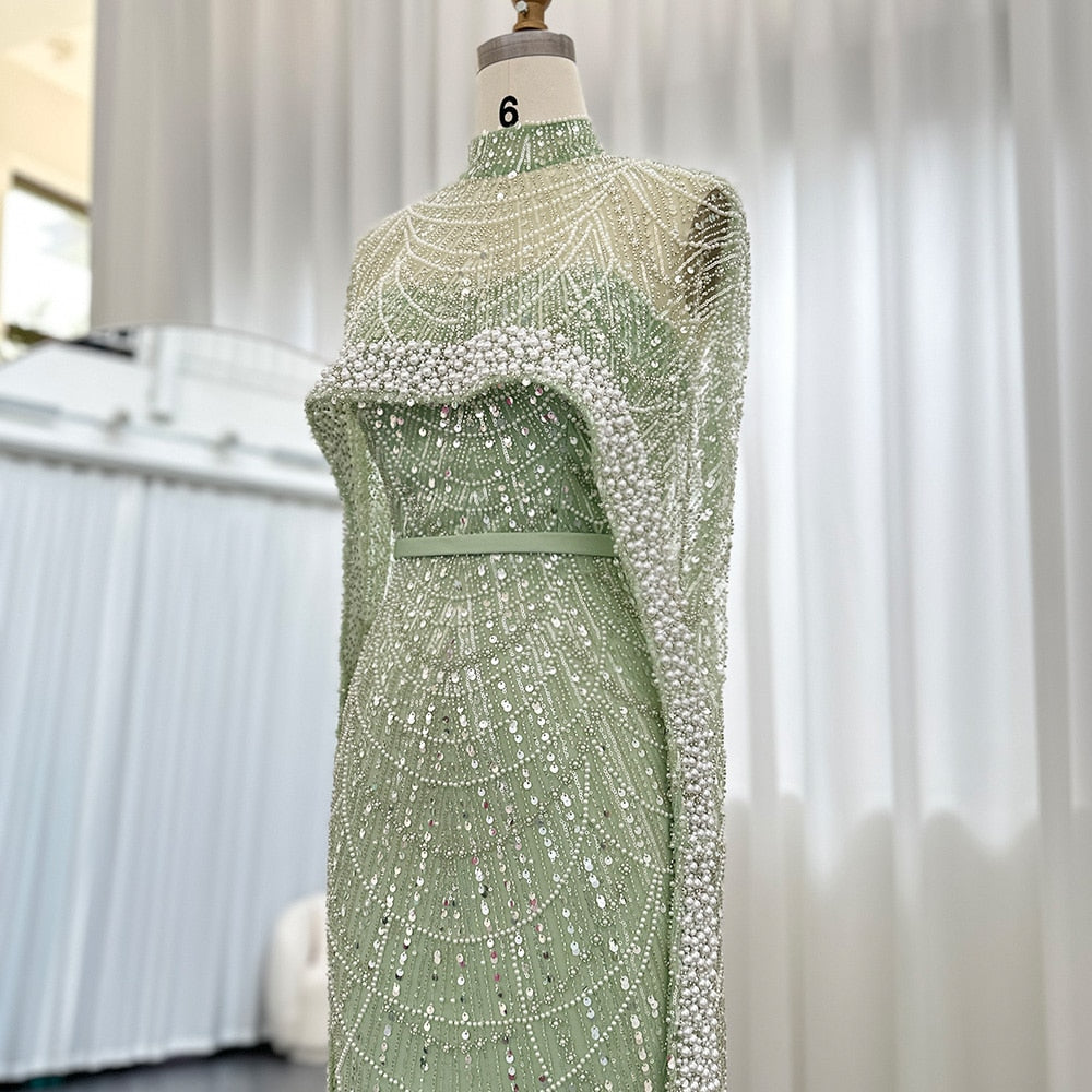 Luxury Pearls Champagne Evening Dresses with Cape Women Mermaid Wedding Party Prom Dress - Image 29