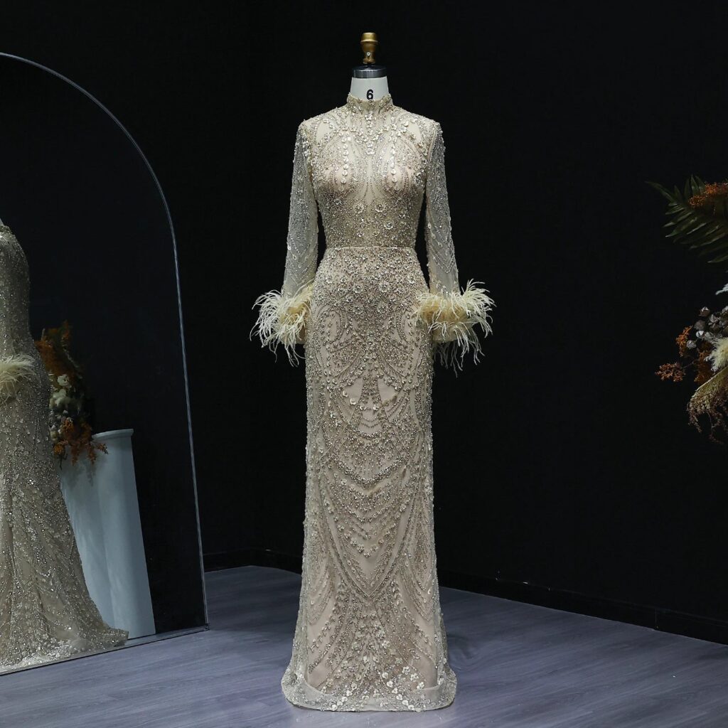 Luxury Feather Beaded Gold Mermaid Evening Dress Long Sleeves High Neck for Wedding Party