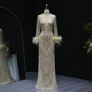 Luxury Feather Beaded Gold Mermaid Evening Dress Long Sleeves High Neck for Wedding Party