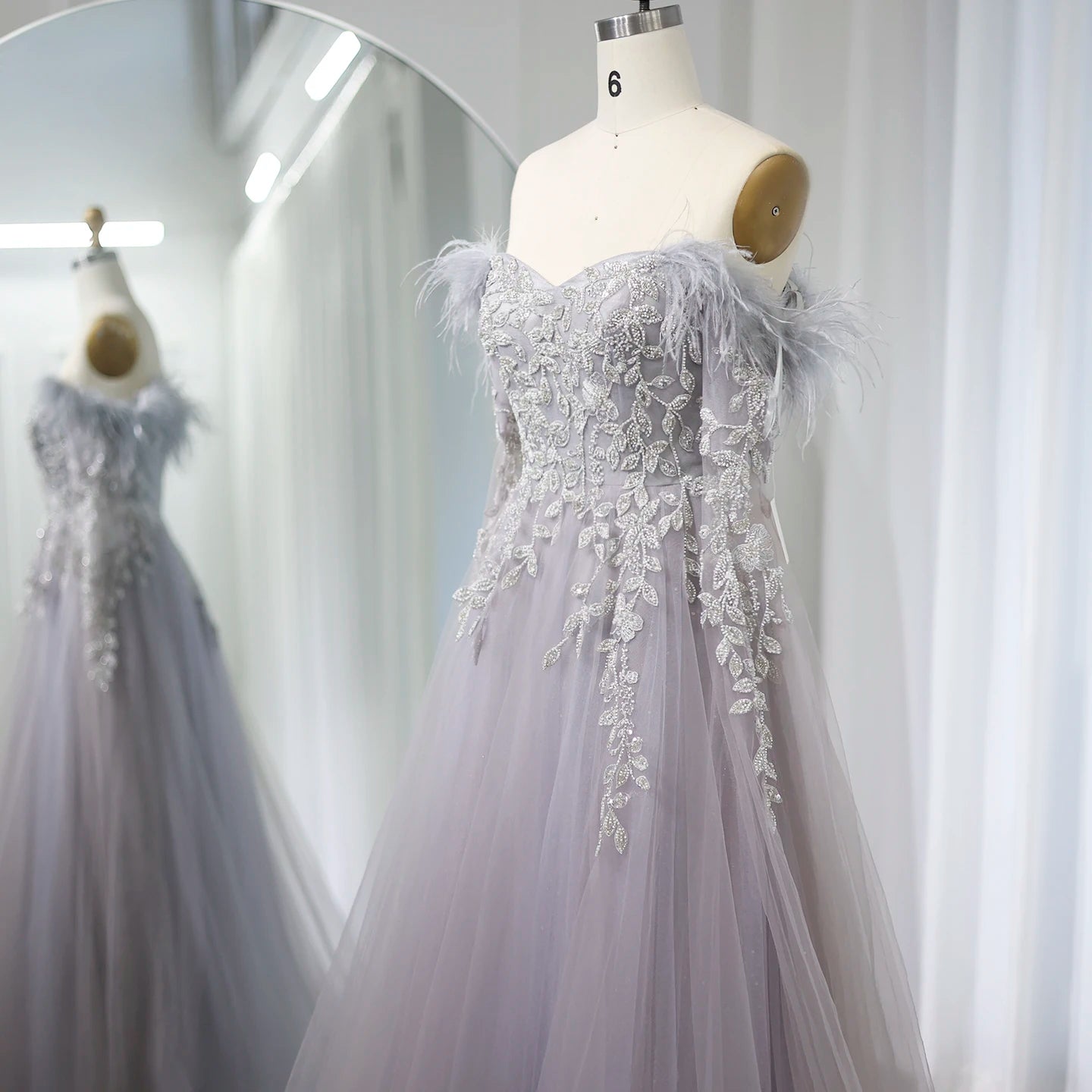 Luxury Feathers Gray Purple Evening Dress with Cape Sleeve Elegant Off Shoulder Lilac Wedding Party Gown - Image 14