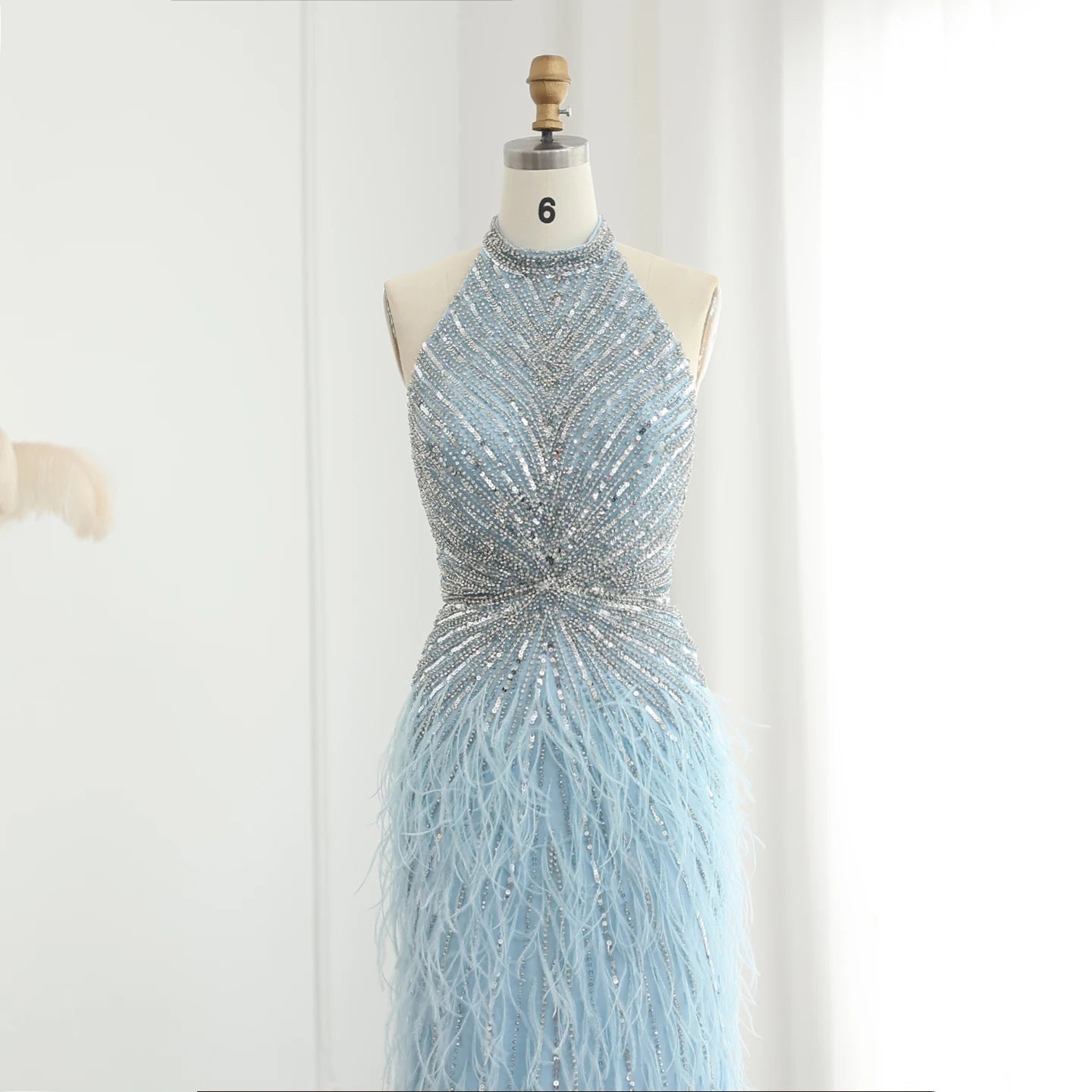 Luxury Beaded Feathers Mermaid Silver Gray Evening Dress Halter Backless Blue Beige Formal Party Gown - Image 18