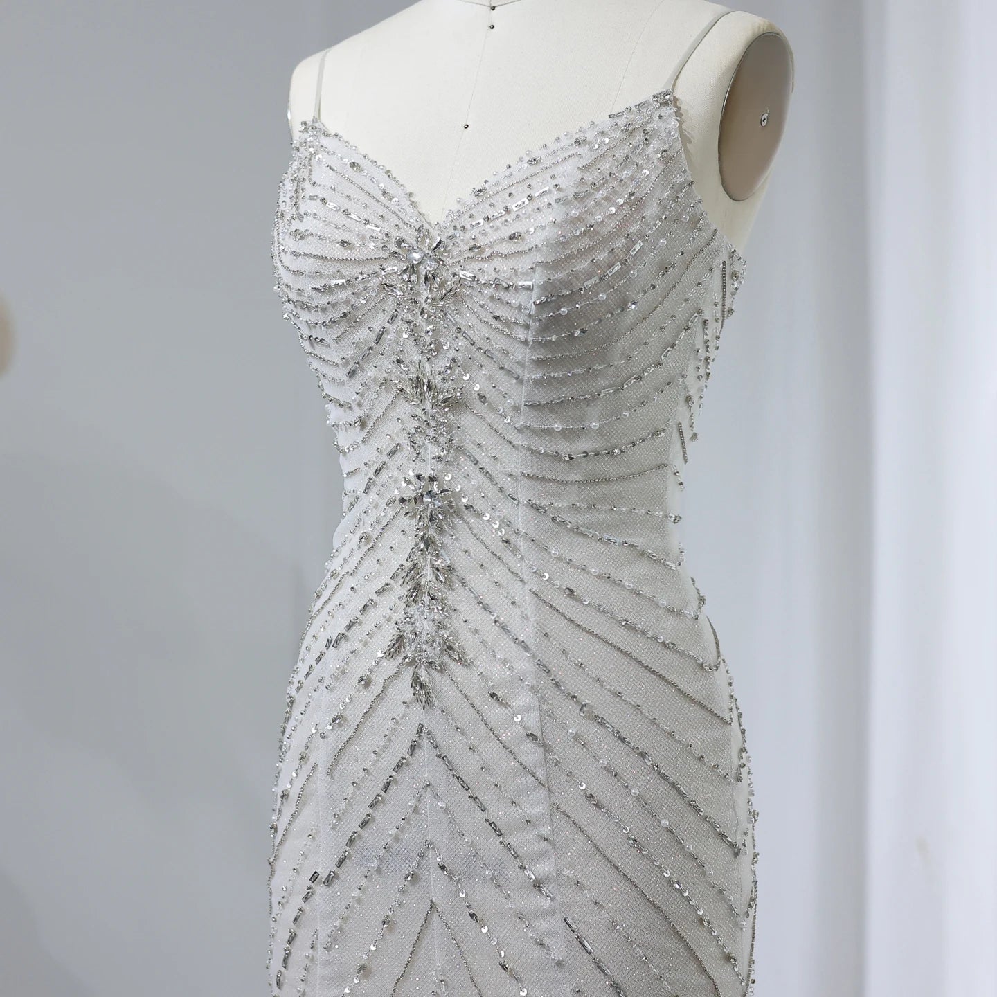 Crystal Luxury Mermaid White Wedding Dresses for Women Spaghetti Straps Front Slit Bridal Gowns - Image 4