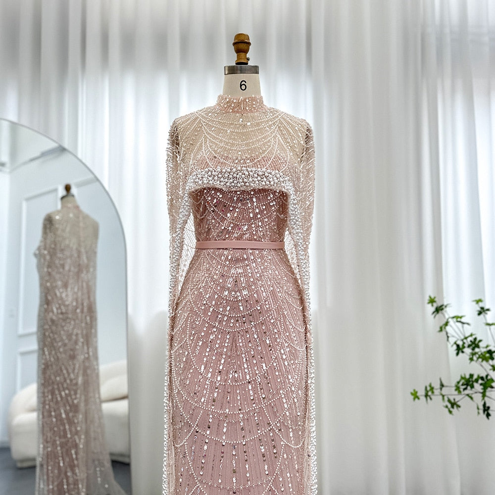 Luxury Pearls Champagne Evening Dresses with Cape Women Mermaid Wedding Party Prom Dress - Image 33