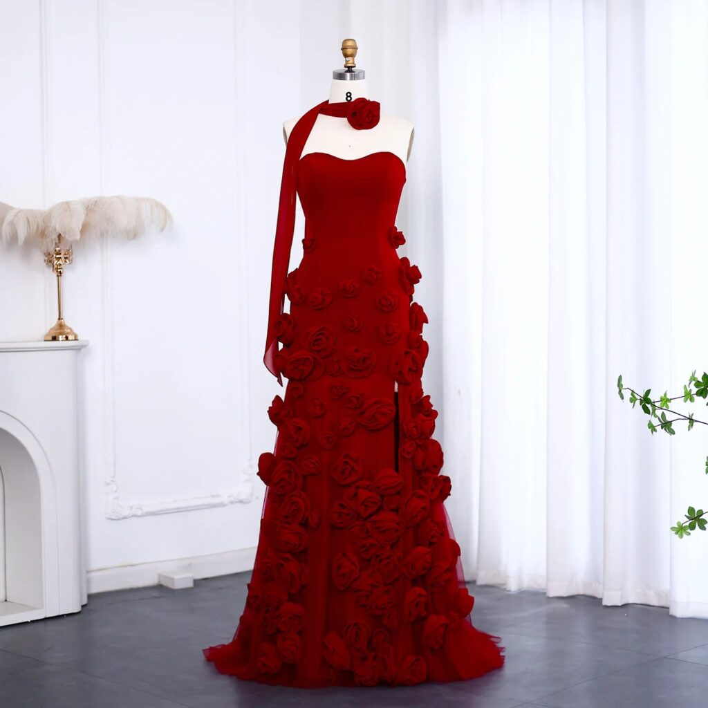 Chic Baby Pink 3D Flowers Mermaid Evening Dress Elegant Sweetheart Side Slit Party Gown