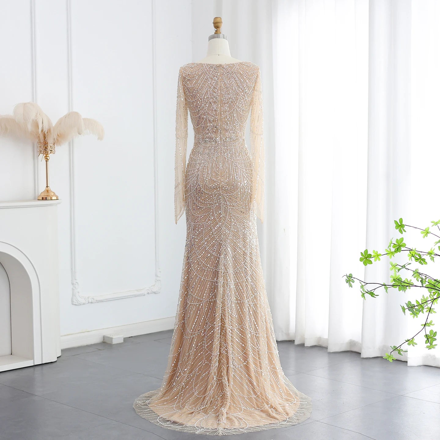 Beads Black Mermaid Long Sleeve Evening Dress for Women Champagne Formal Dresses Prom Dress - Image 16