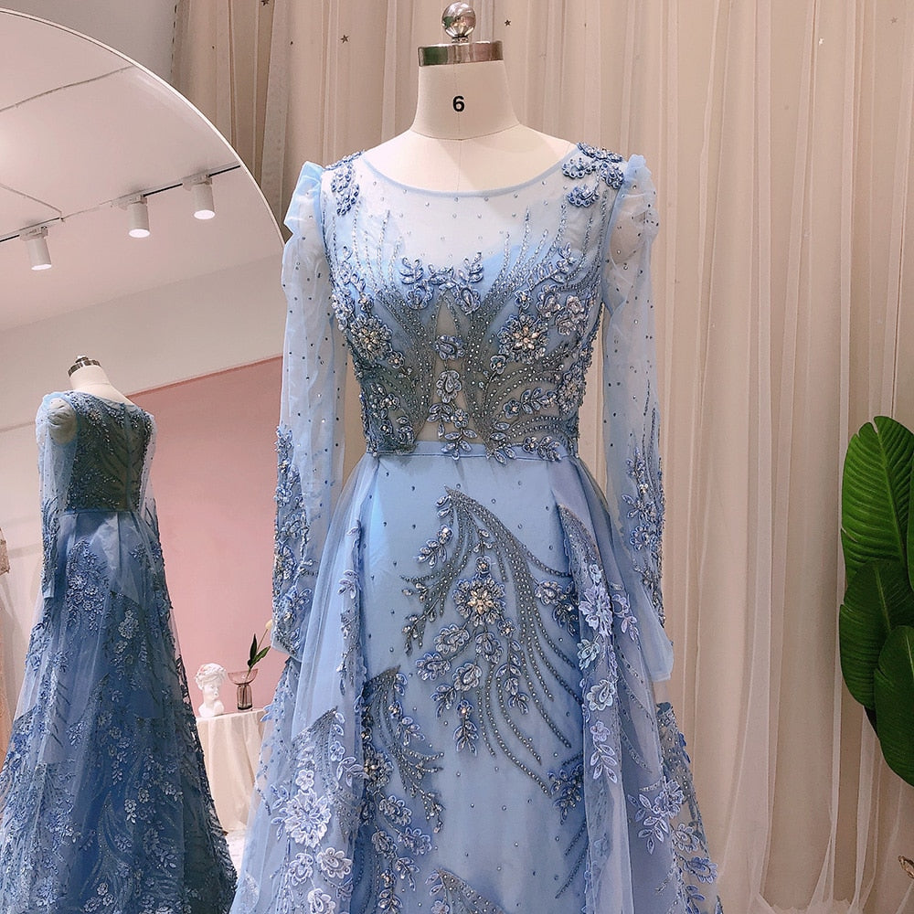 Blue Long Sleeve Overskirt Evening Dresses for Women Wedding Party Luxury Crystal Formal Dress - Image 5