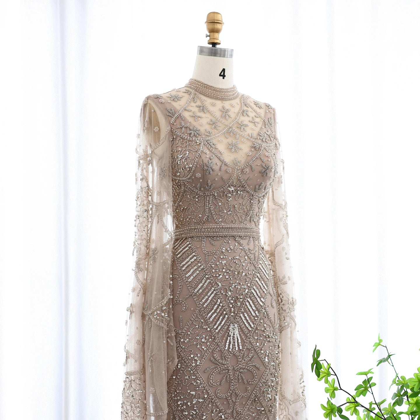 Black Beaded Luxury Evening Dress with Flare Long Sleeves High Neck Formal Party Gowns - Image 7
