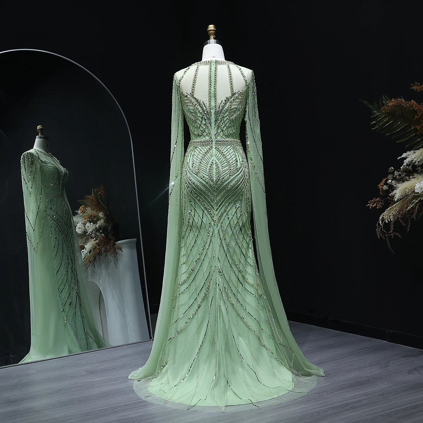 Luxury Green Mermaid Evening Dress with Cape Sleeves Caramel Women Wedding Party Gowns Customized - Image 4