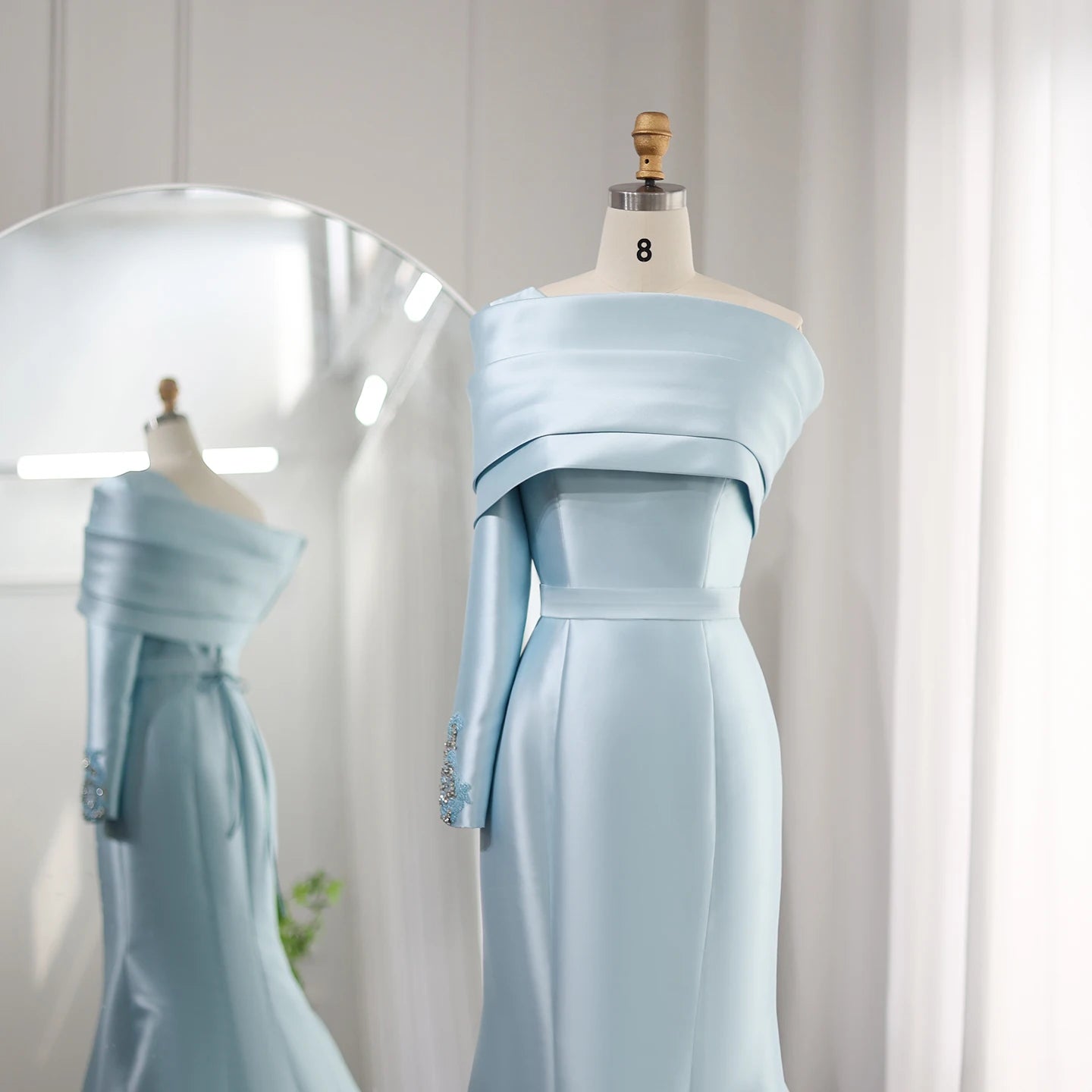 One Shoulder Mermaid Evening Dress with Cape Baby Blue Beaded Luxury Wedding Party Dress - Image 4