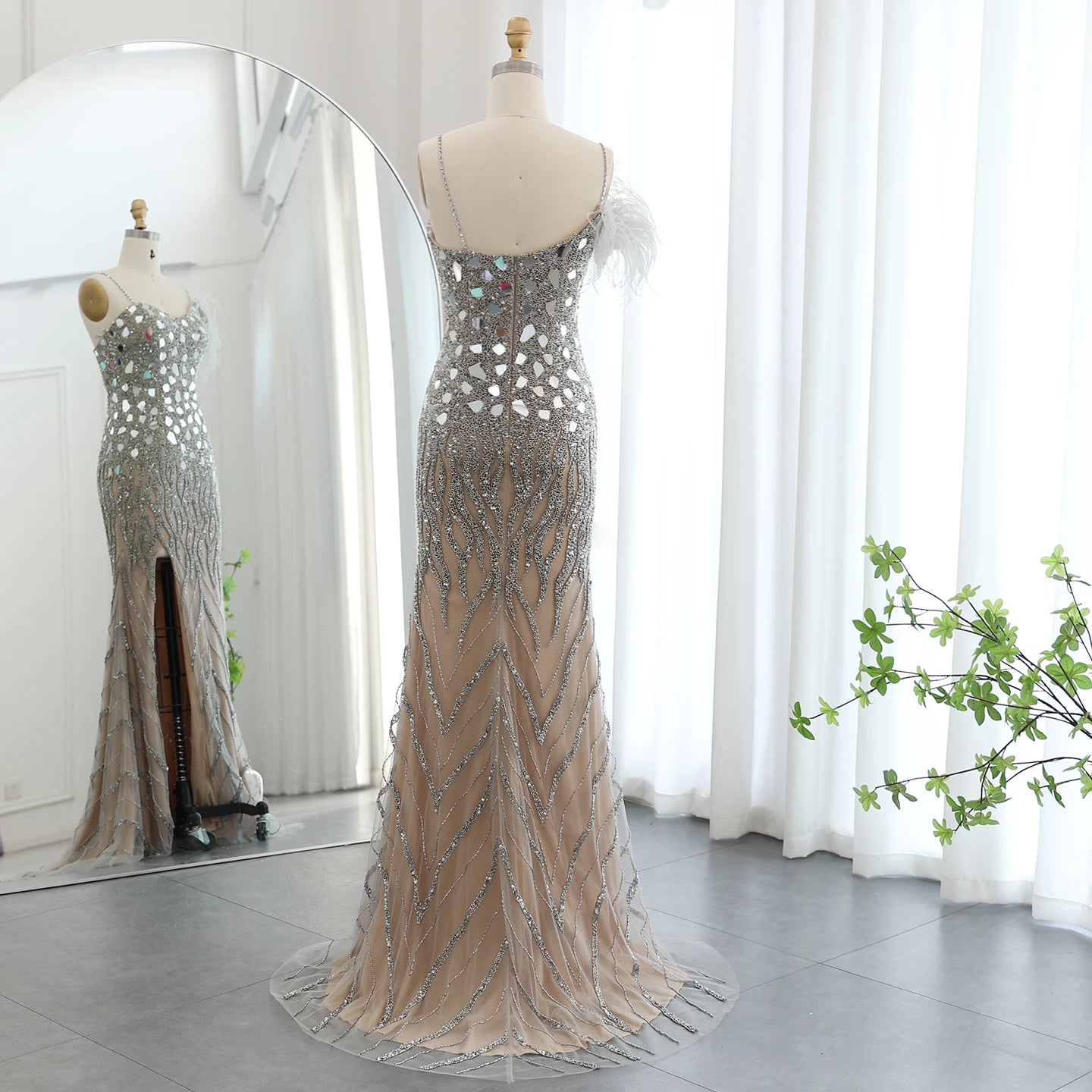 Luxury Beaded Feather Mermaid Silver Nude Evening Dress for Women Wedding Party Elegant Dubai Formal Prom Gown - Image 14
