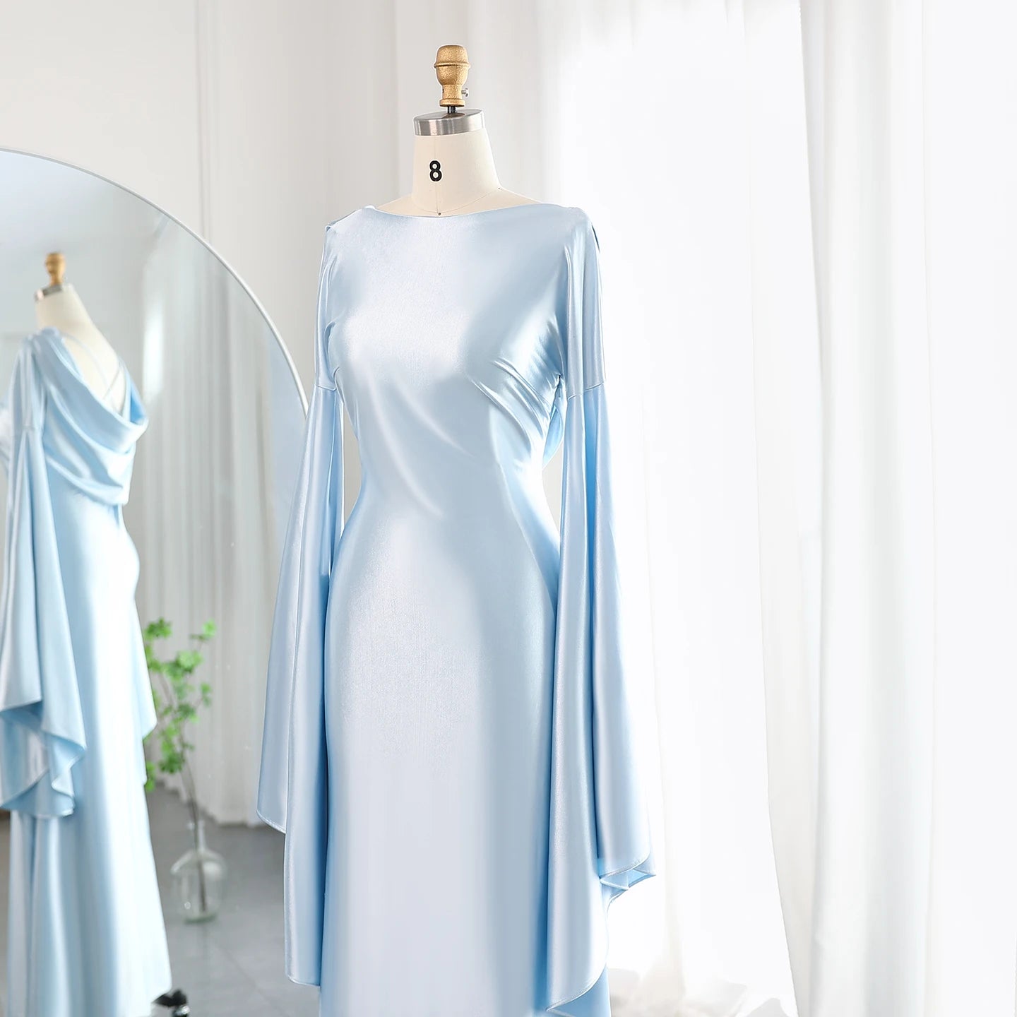Light Blue Mermaid Evening Dress with Flare Long Sleeves Criss Cross Women Wedding Party Gowns - Image 4
