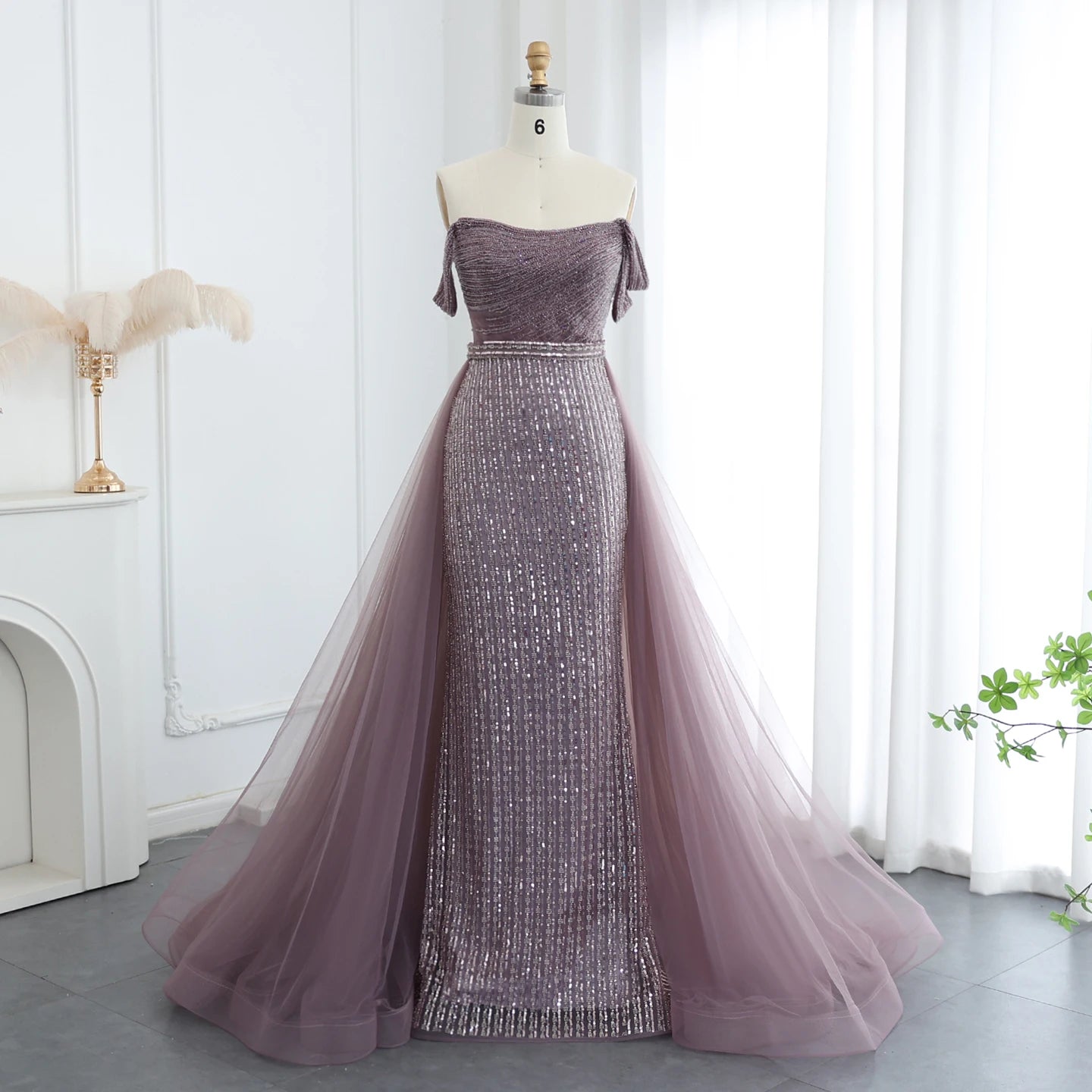 Luxury Beaded Evening Dresses with Overskirt Off Shoulder Women Wedding Formal Party Gowns