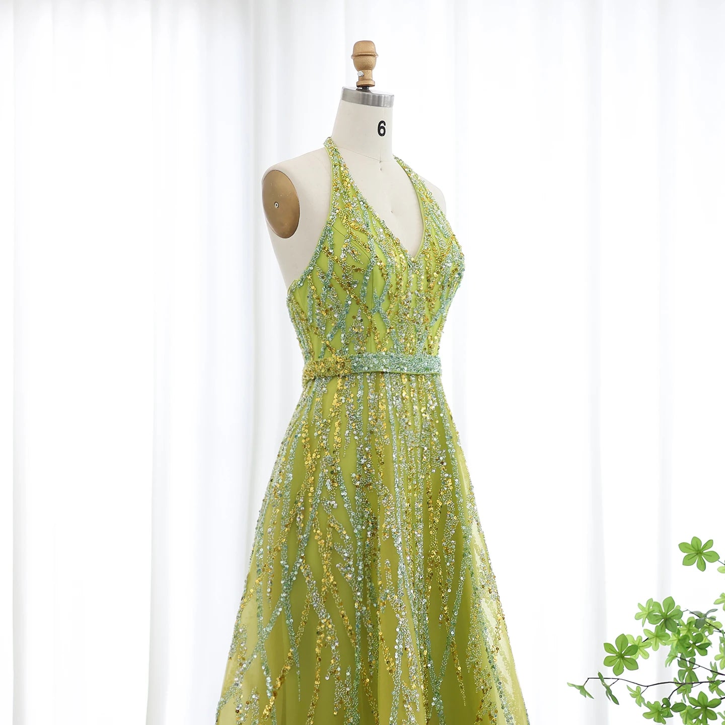 Beaded Lemon Green Evening Dresses with Halter High Low Women Wedding Party Gowns - Image 8