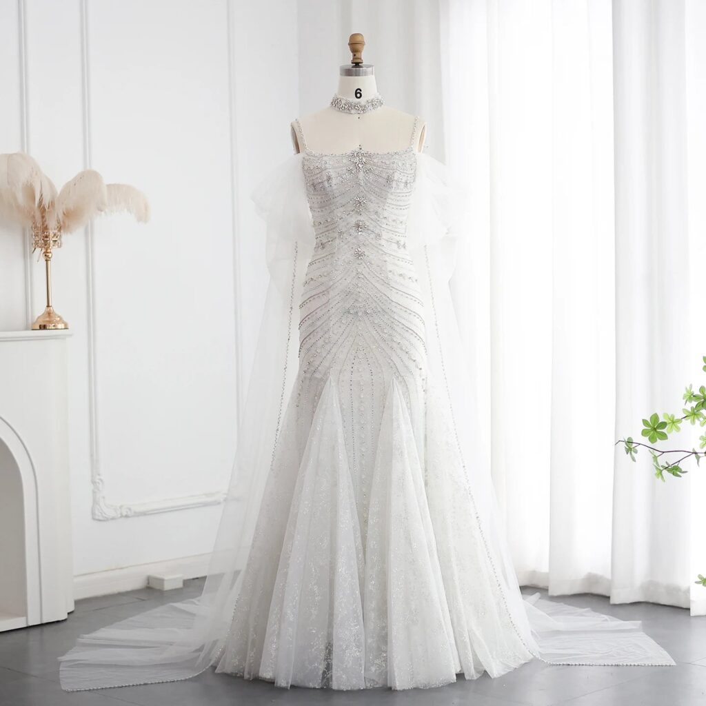 Spaghetti Mermaid White Tulle Evening Dresses with Bow Knot Beads Crystal For Women Wedding