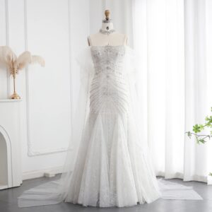 Spaghetti Mermaid White Tulle Evening Dresses with Bow Knot Beads Crystal For Women Wedding