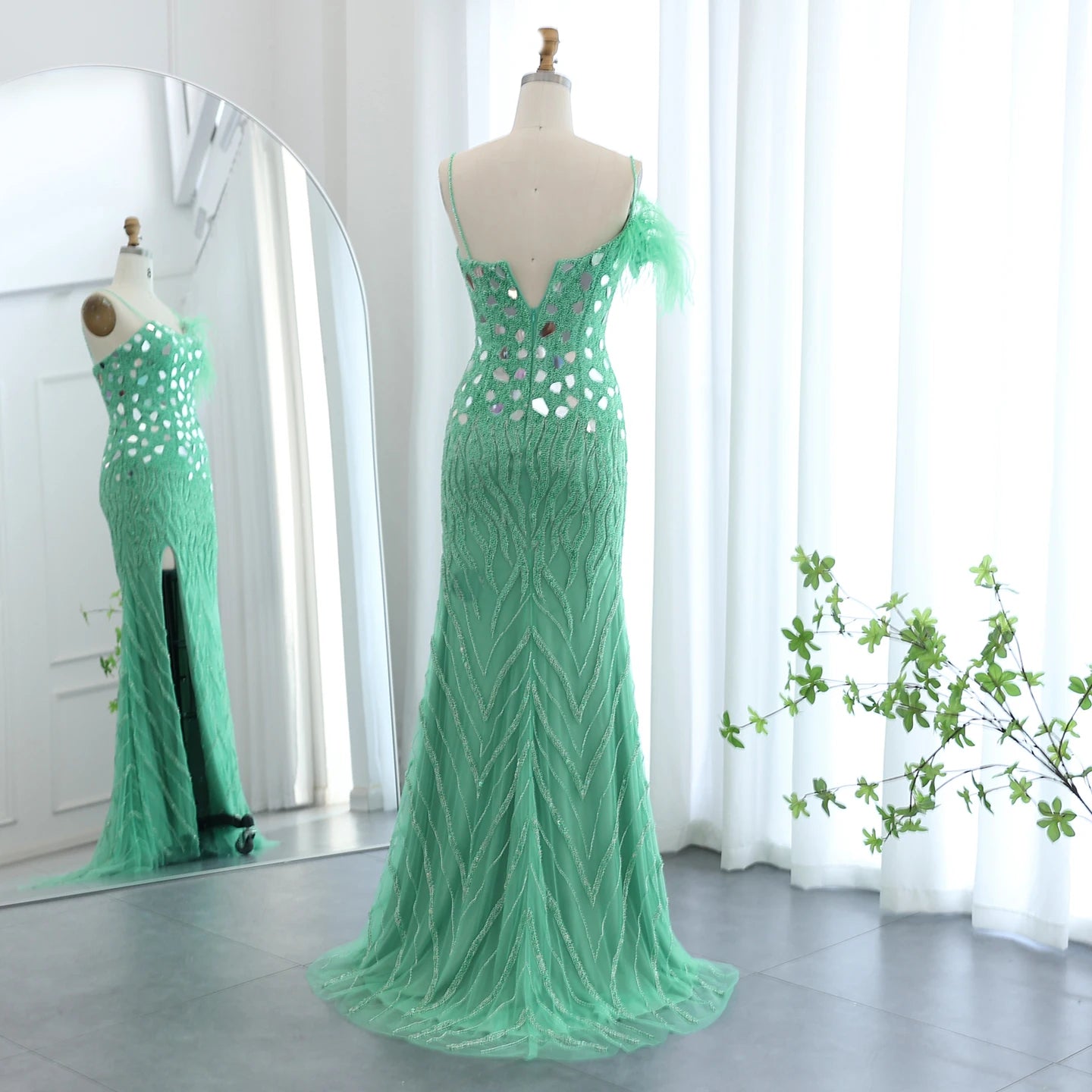 Luxury Beaded Feather Mermaid Silver Nude Evening Dress for Women Wedding Party Elegant Dubai Formal Prom Gown - Image 19