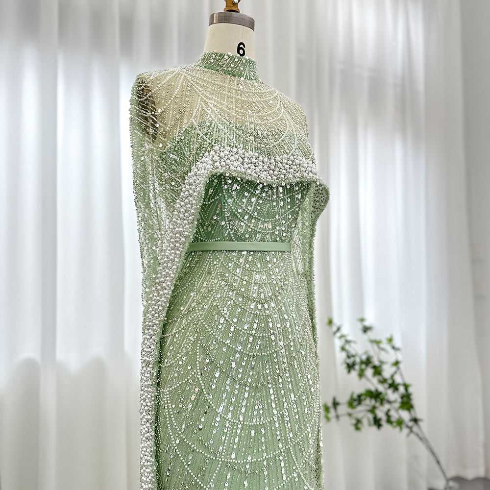 Luxury Pearls Champagne Evening Dresses with Cape Women Mermaid Wedding Party Prom Dress - Image 28