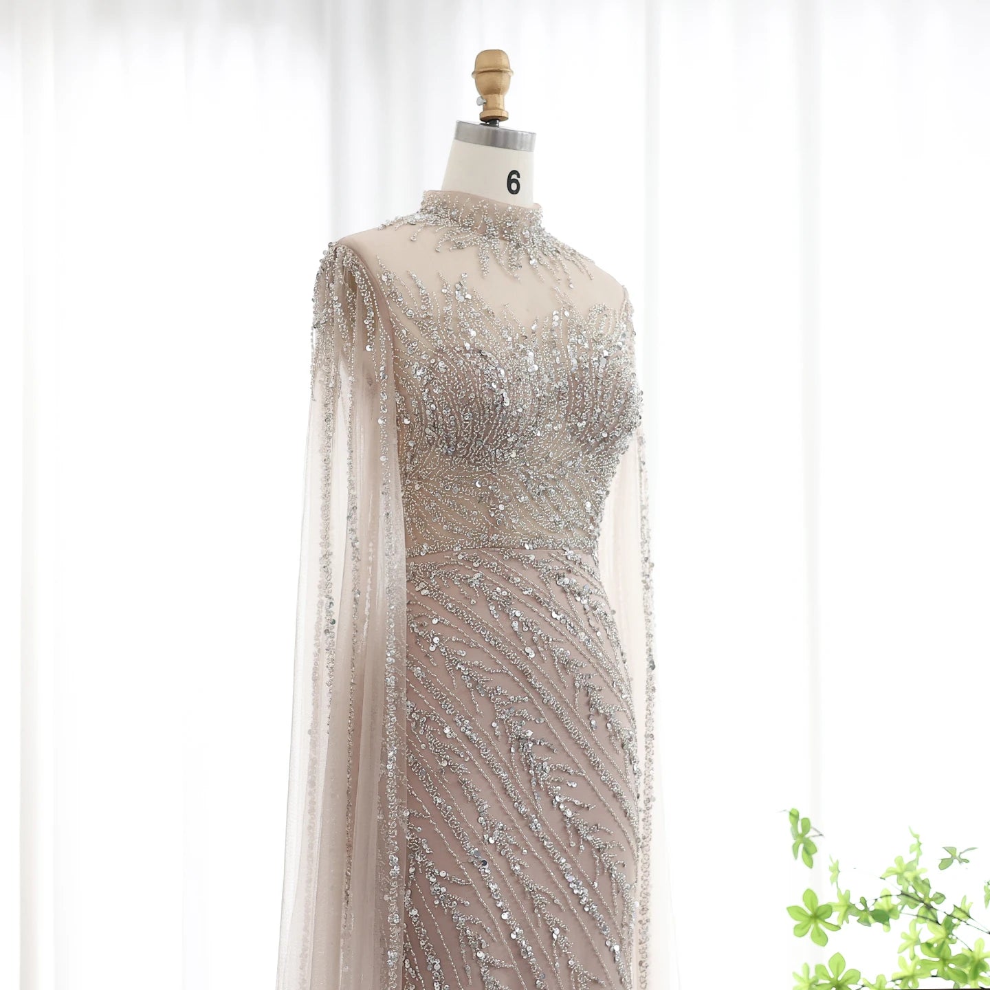 Black Nude Mermaid Evening Dress with Cape Sleeves High Neck Women Party Formal Gowns - Image 6