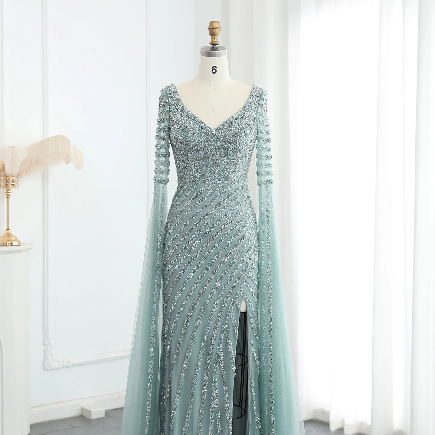 Luxury Beaded Mermaid Evening Dresses with Cape Sleeves Side Slit Women Long Wedding Party Gowns - Image 16
