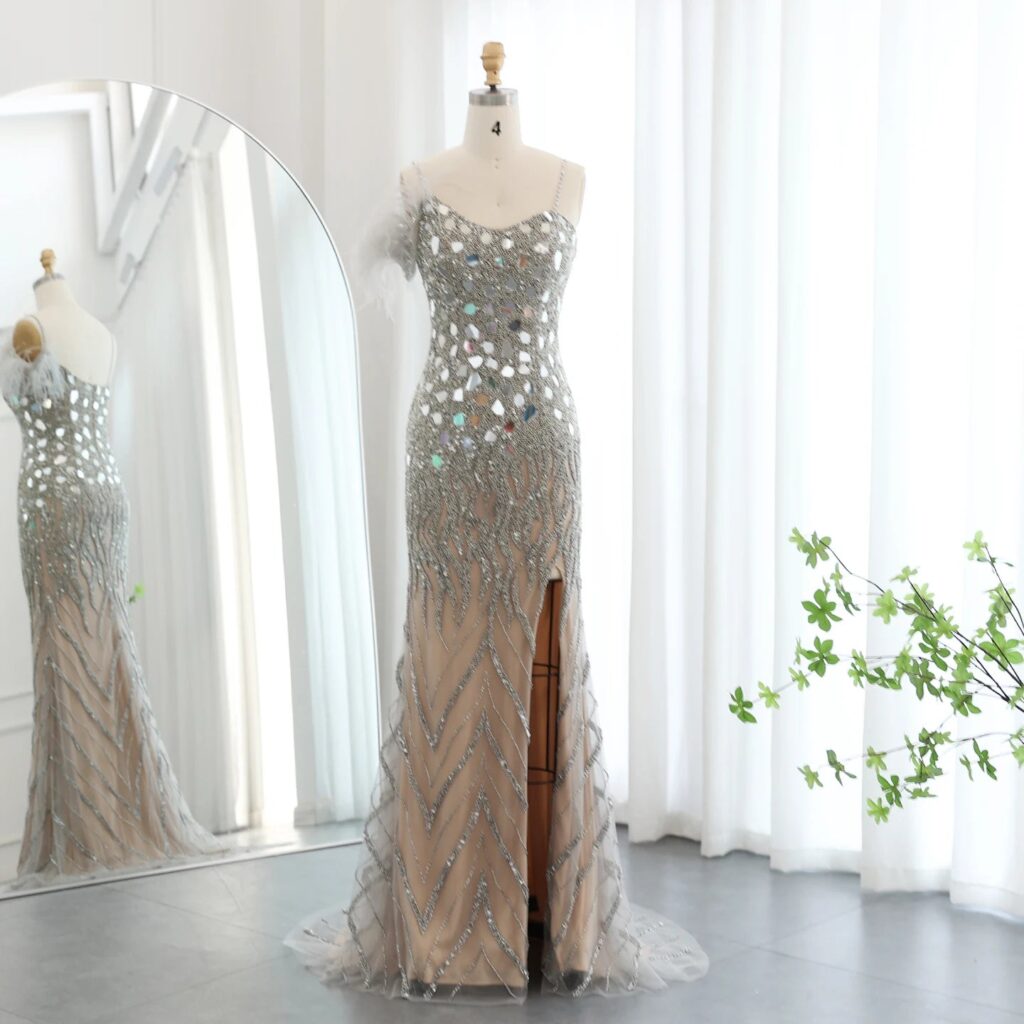Luxury Beaded Feather Mermaid Silver Nude Evening Dress for Women Wedding Party Elegant Dubai Formal Prom Gown