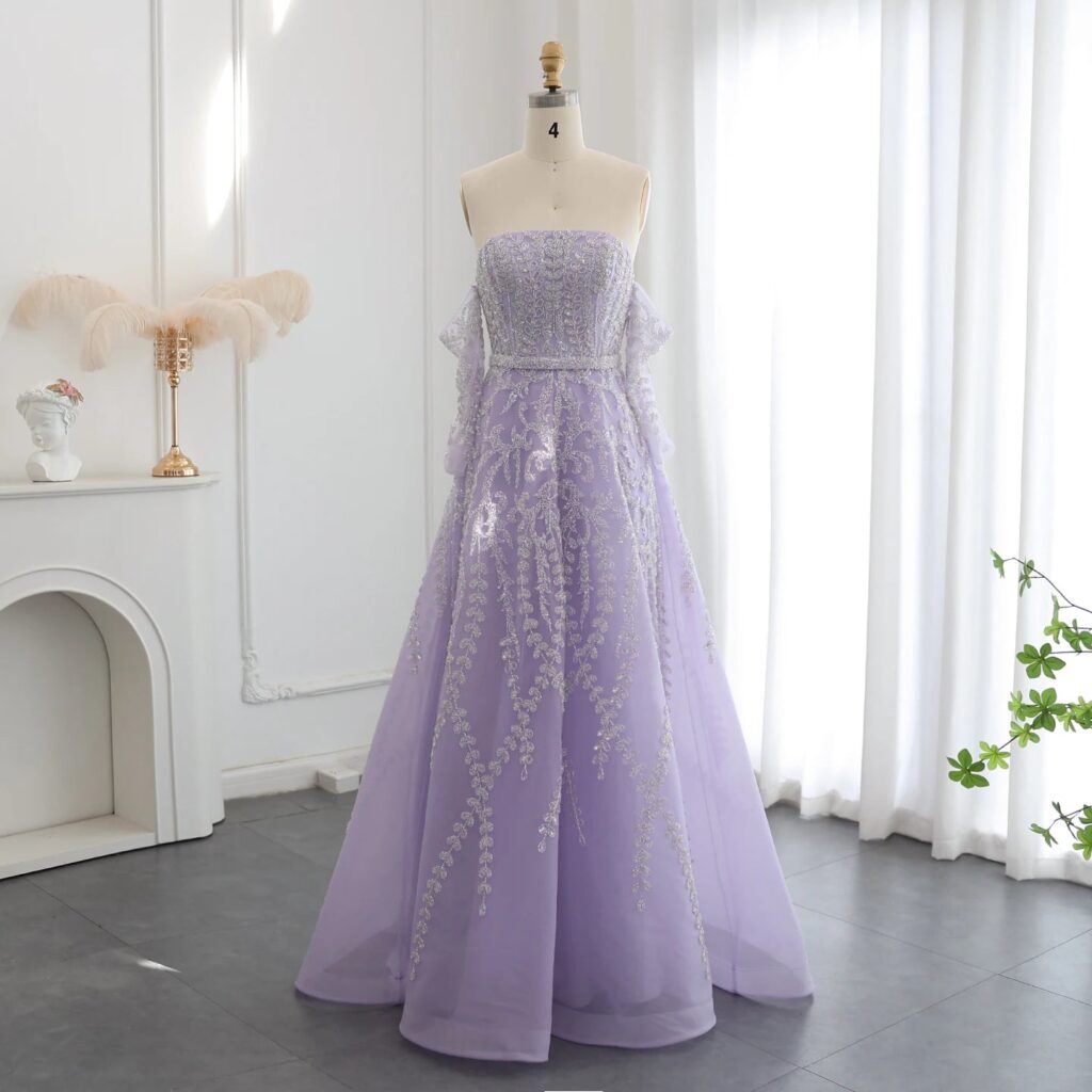 Luxury Beaded Lilac Evening Dress with Sleeves Elegant Strapless Women Wedding Party Gowns