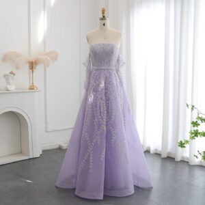 Luxury Beaded Lilac Evening Dress with Sleeves Elegant Strapless Women Wedding Party Gowns