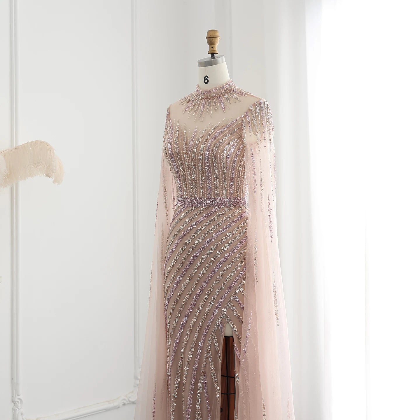 Luxury Beaded Mermaid Nude Evening Dress with Cape Sleeve One Shoulder Side Slit Women Wedding Party Gown - Image 5