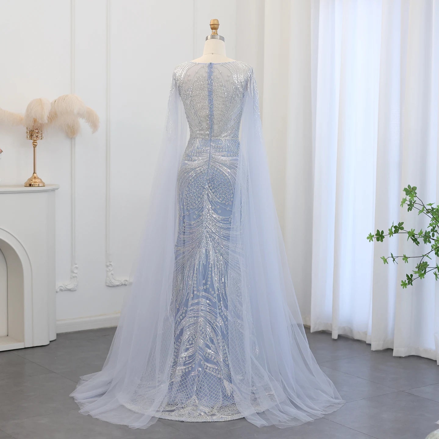 Luxury Blue Mermaid Evening Dress with Cape Sleeves 2024 Sage Green Plus Size Women Wedding Party Gowns - Image 7