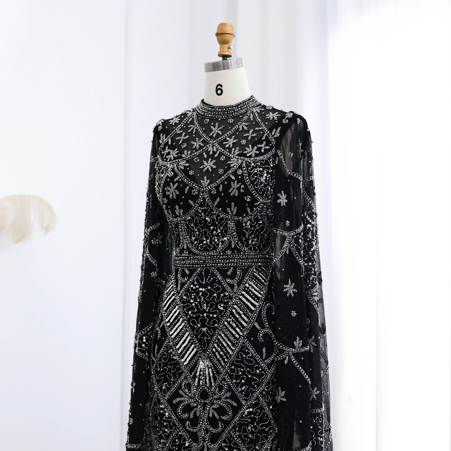 Black Beaded Luxury Evening Dress with Flare Long Sleeves High Neck Formal Party Gowns - Image 14
