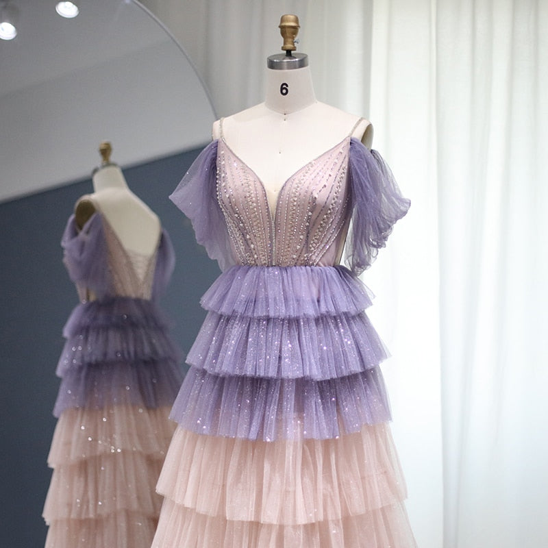 Bling Ombre Lilac Pink Evening Dress Luxury Cape Sleeve Long Formal Party Gowns for Women Wedding - Image 7