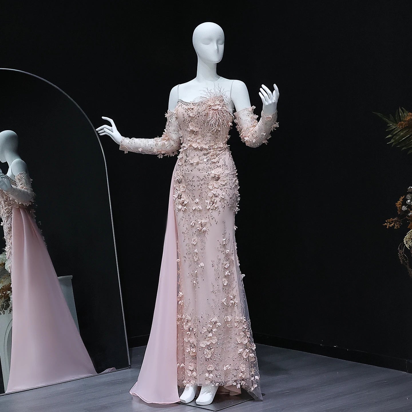 Elegant 3D Flowers Feathers Mermaid Evening Dress with Sleeves Women Wedding Party Gowns - Image 2