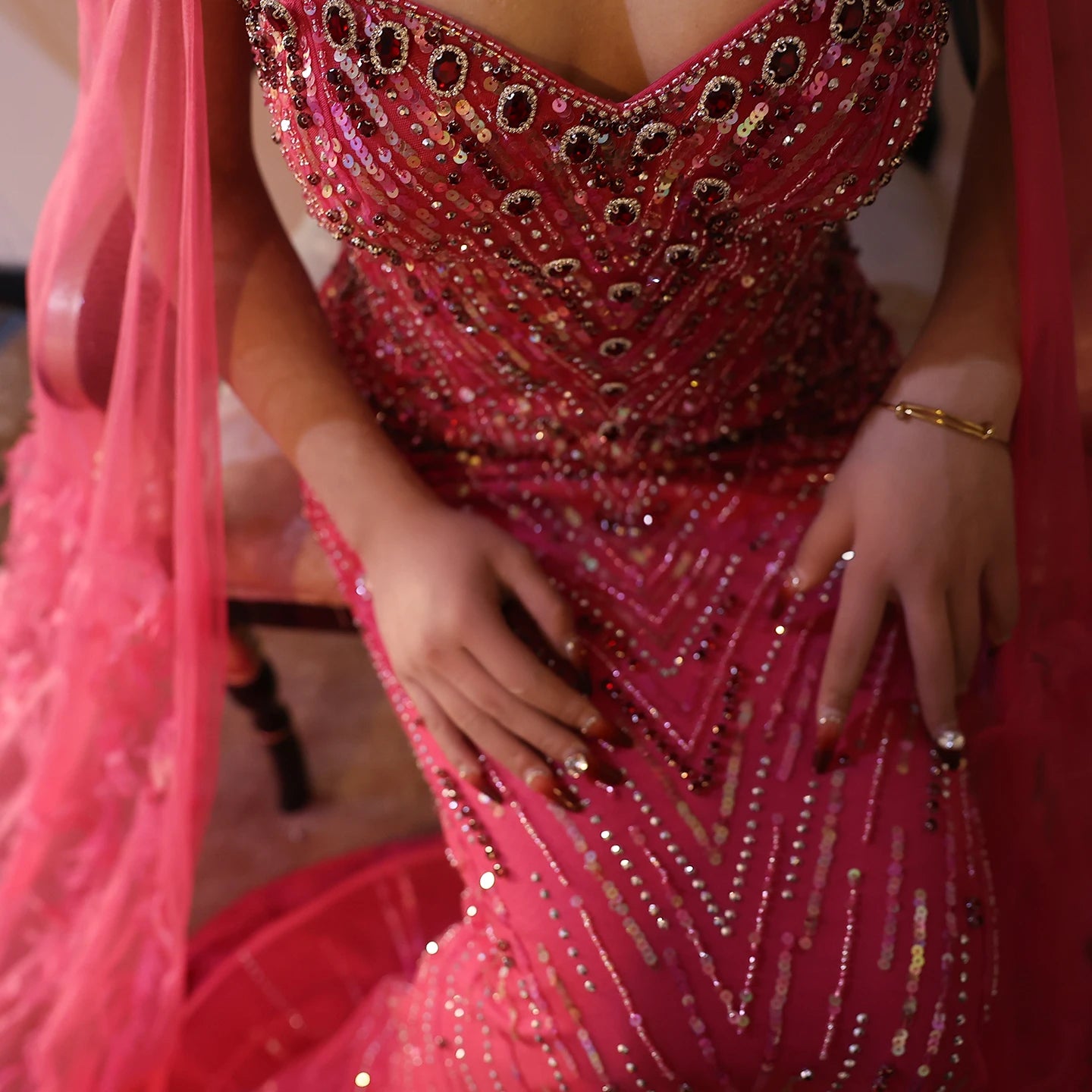 Fuchsia Mermaid Evening Dresses with Cape Sleeves Luxury Turquoise Women Wedding Party Dress - Image 7