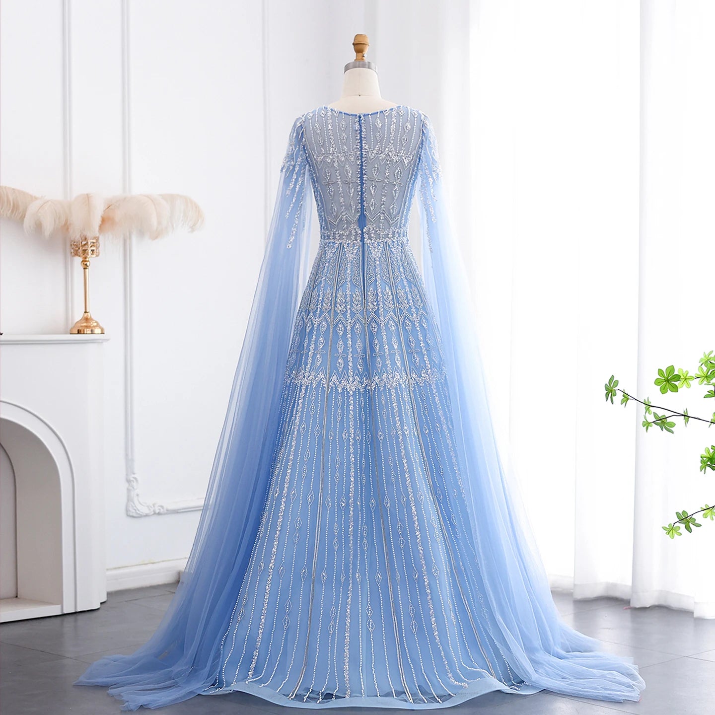 Blue Luxury Evening Dress with Cape Sleeves Brown Pink Wedding Formal Party Gowns - Image 15