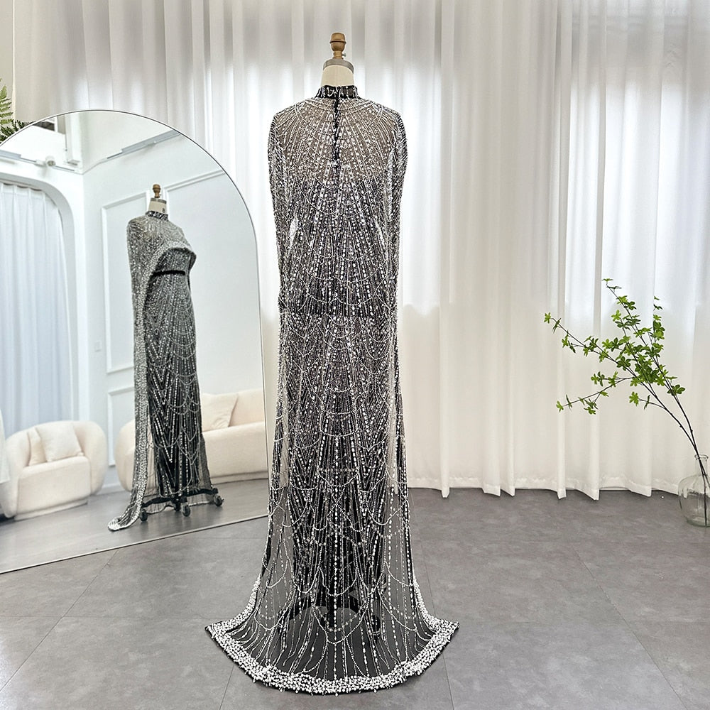 Luxury Pearls Champagne Evening Dresses with Cape Women Mermaid Wedding Party Prom Dress - Image 26