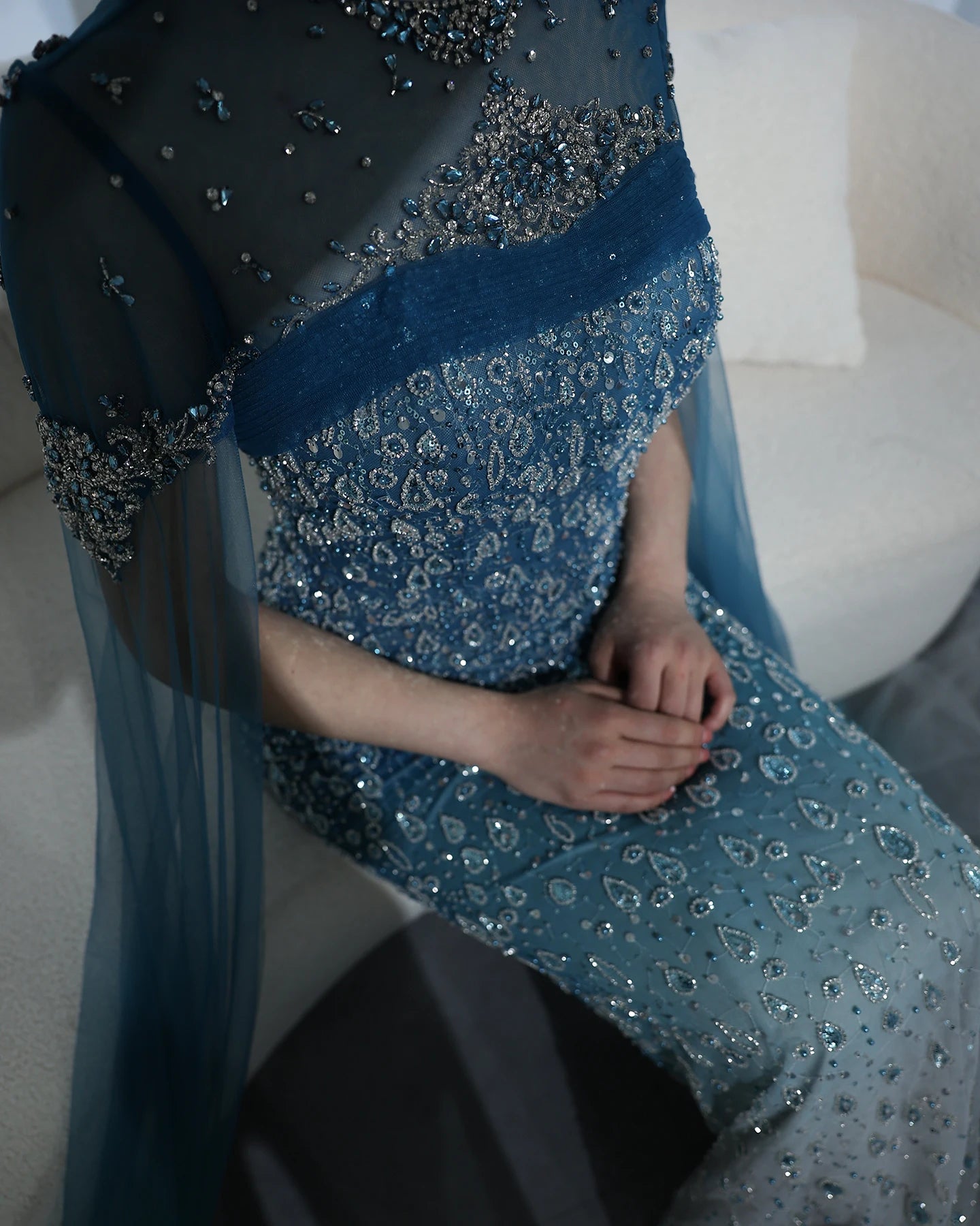 Mermaid Turquoise Crystal Evening Dresses with Cape Sleeves Arabic Women Wedding Party Gowns - Image 15
