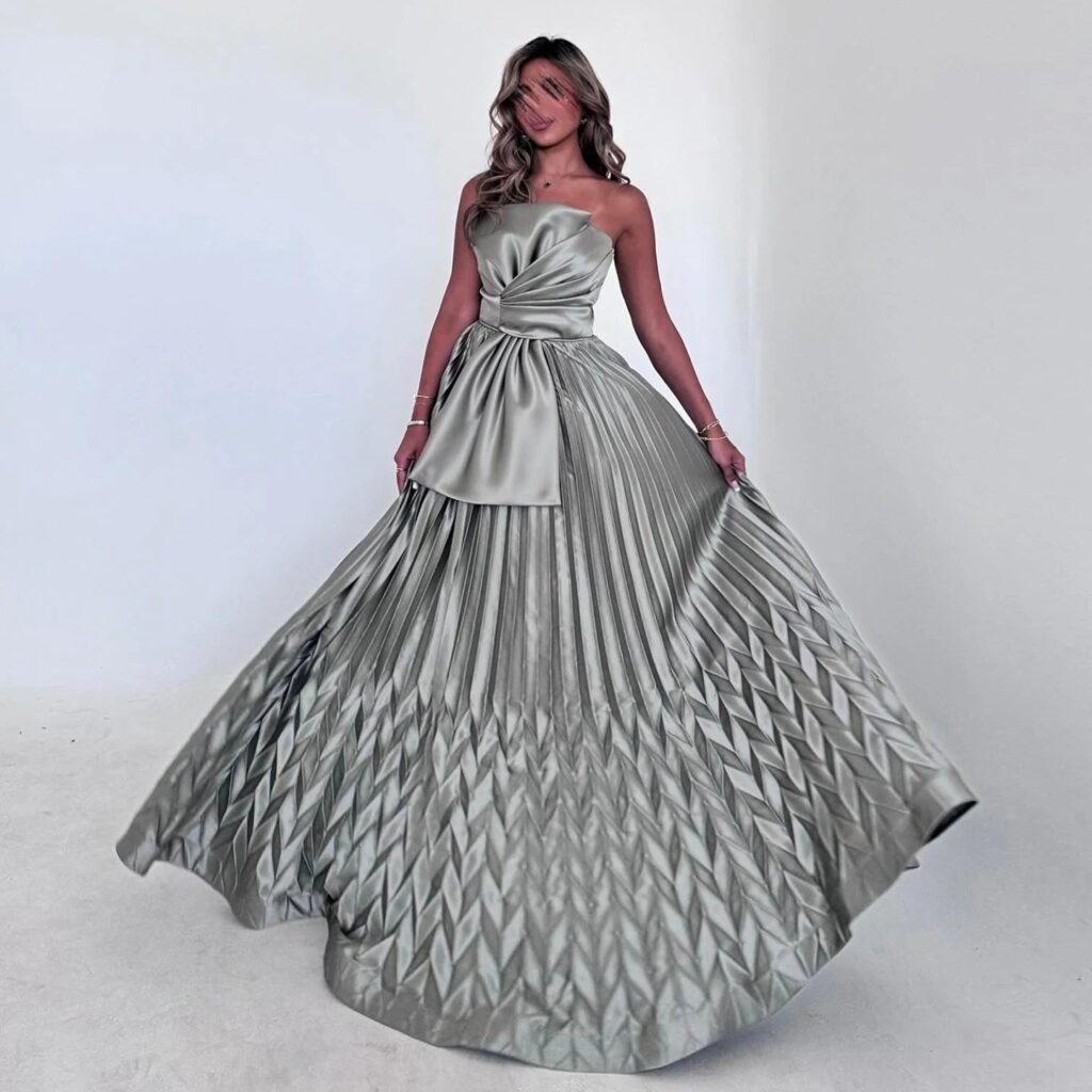 Simply A-Line Strapless Taffeta Evening Dress Elegant Silver Formal Dress for Women Wedding