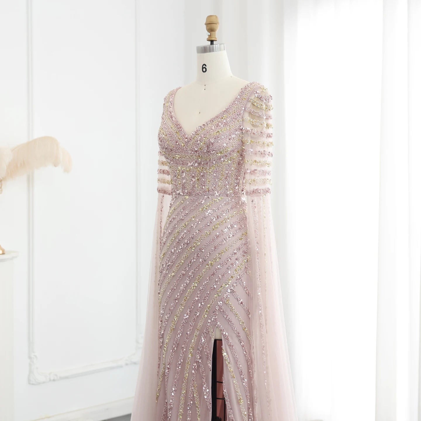 Luxury Beaded Mermaid Evening Dresses with Cape Sleeves Side Slit Women Long Wedding Party Gowns - Image 6