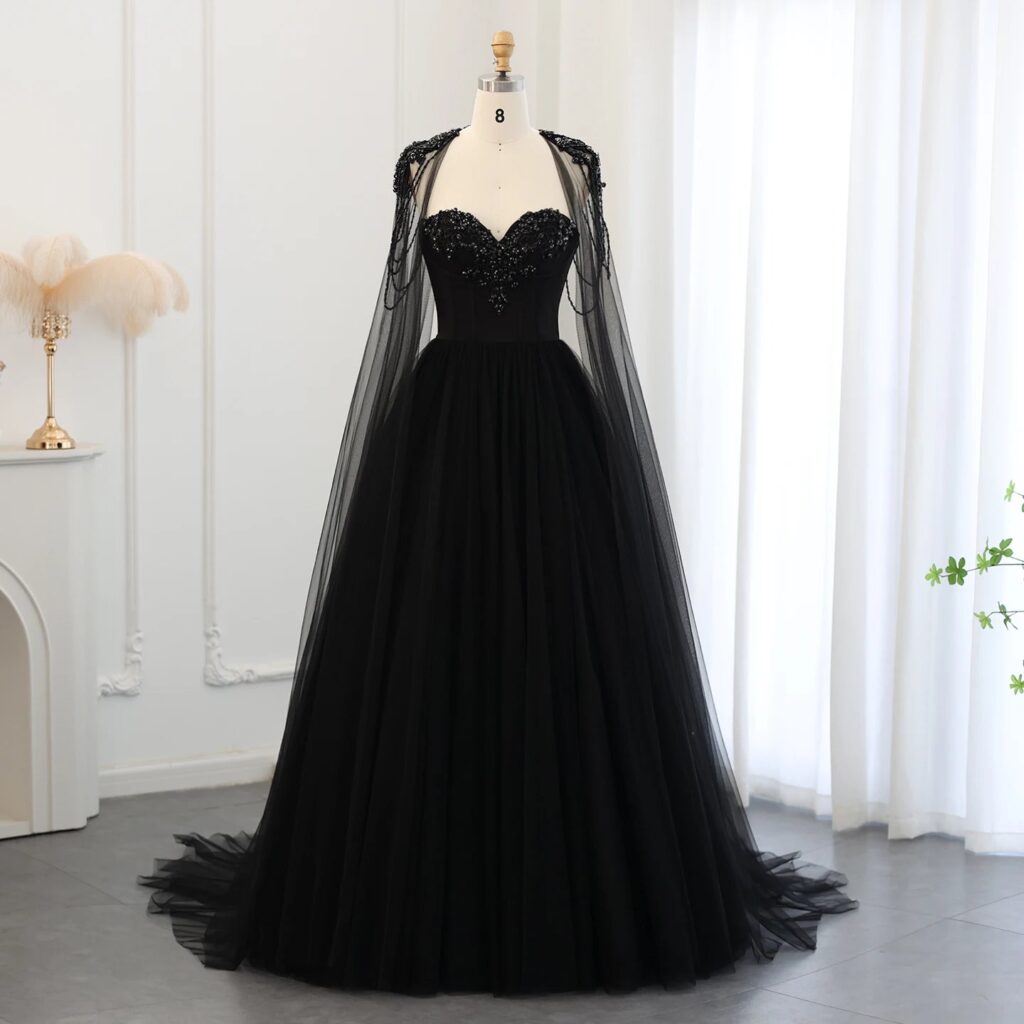 Gothic Tulle Evening Dress with Cape Sleeves Elegant Women Luxury Formal Party Gowns