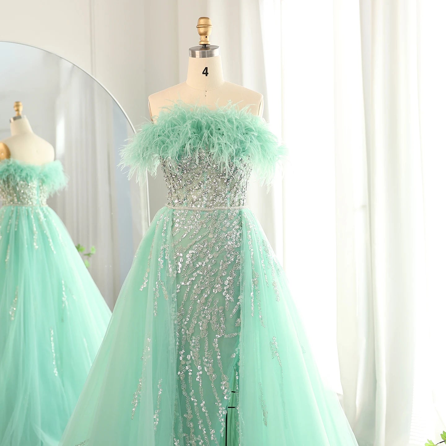 Luxury Feathers Lilac Evening Dress with Overskirt Side Slit Blue Green Women Wedding Party Gowns - Image 14