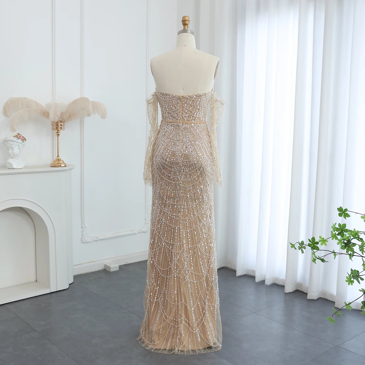 Luxury Beaded Arabic Nude Evening Dresses with Long Sleeves Elegant Women Wedding Formal Party Gowns - Image 6