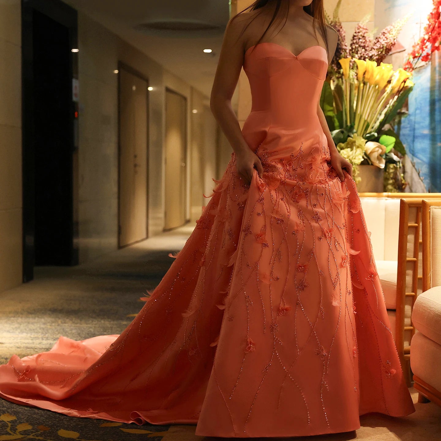 Luxury Feathers Coral Pink Evening Dresses 3D Flowers Sweetheart Long Women Wedding Formal Party Dress - Image 16