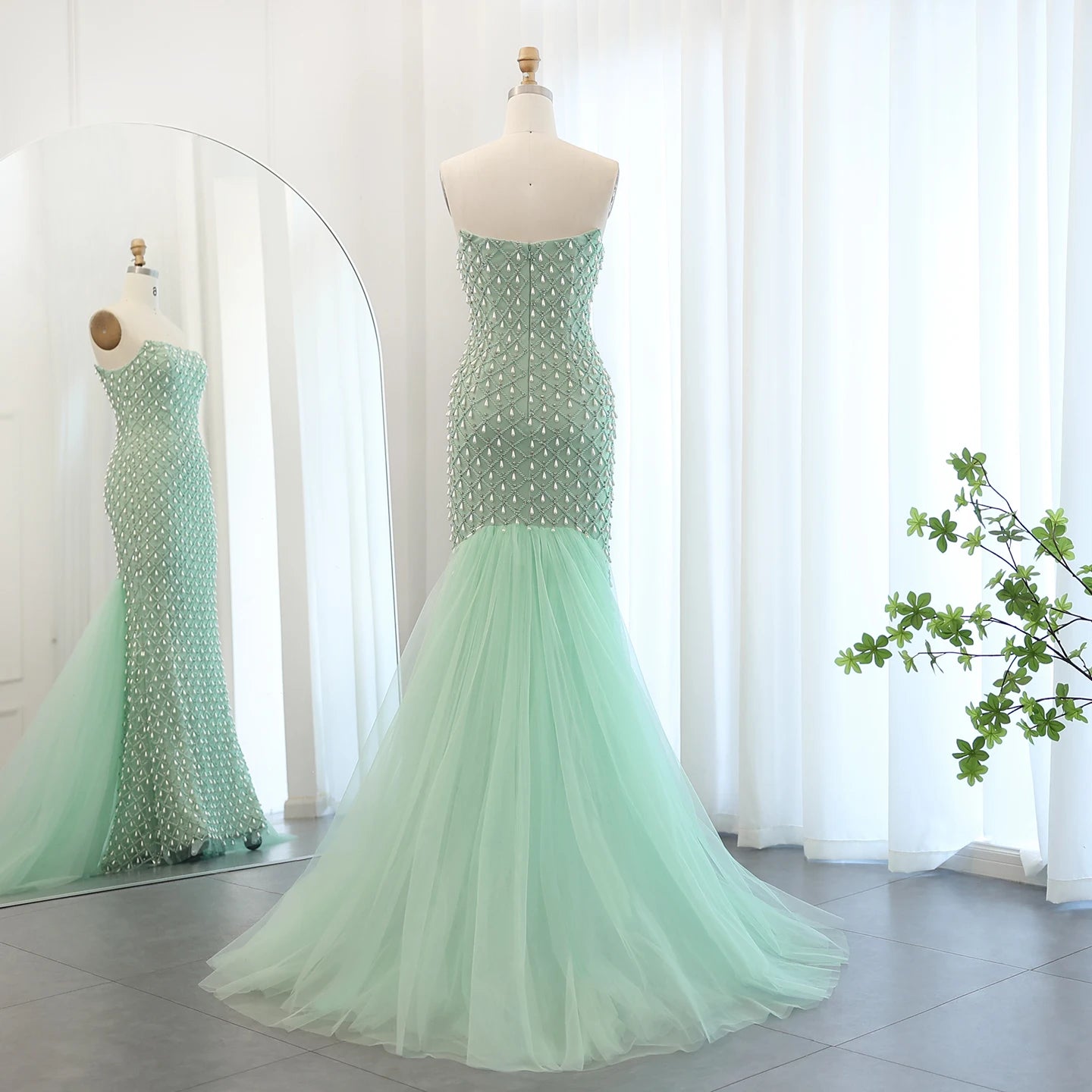 Luxury Crystal Pearls Mermaid Sage Green Evening Dress with Cape Elegant Women Wedding Party Gown - Image 11