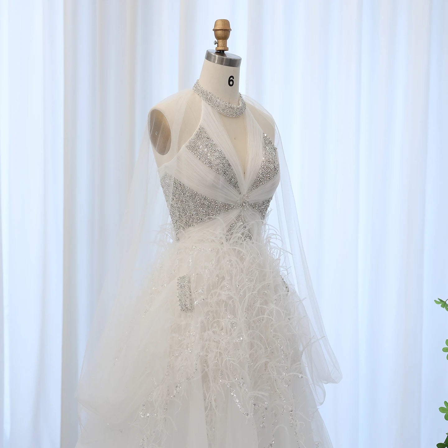 Luxury Feathers Ball Gown White Evening Dresses with Cape Sleeves for Wedding Party Dresses - Image 5